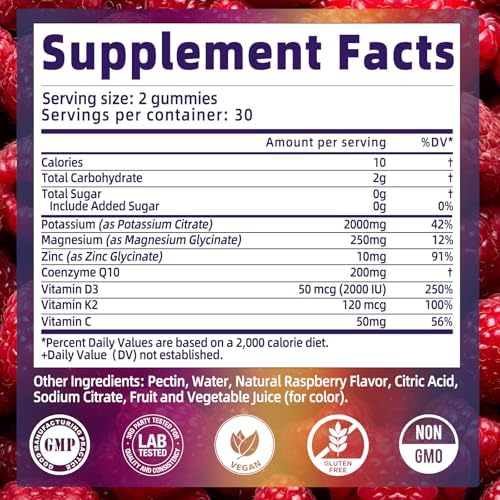 Gomitas de Citrato de Potasio 2000mg, Suplemento Electrolítico Potente con Magnesio, Zinc y Vitaminas C, D3 y K2, 60 Chews para Equilibrio - imagen 3