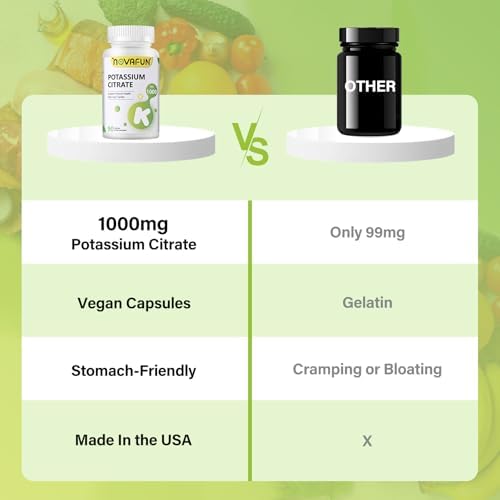 Suplemento de Citrato de Potasio Novafun 1000mg para Calambres Musculares, Salud del Corazón, Vegano, No Transgénico, Sin Gluten, 90 Cápsulas - imagen 6