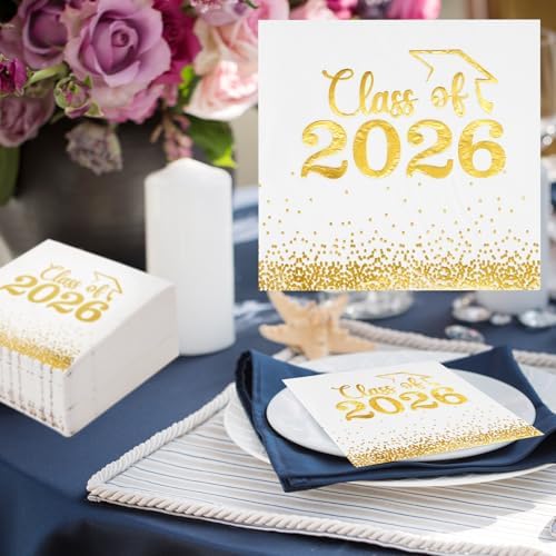 Mljsh 100 Piezas Servilletas de Graduación Clase 2026 - Servilletas de Cóctel Blancas con Puntos Dorados para Fiestas y Decoraciones - imagen 2