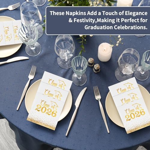 Mljsh 100 Piezas Servilletas de Graduación Clase 2026 - Servilletas de Cóctel Blancas con Puntos Dorados para Fiestas y Decoraciones - imagen 3