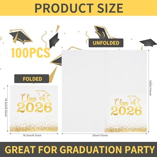 Mljsh 100 Piezas Servilletas de Graduación Clase 2026 - Servilletas de Cóctel Blancas con Puntos Dorados para Fiestas y Decoraciones - imagen 4