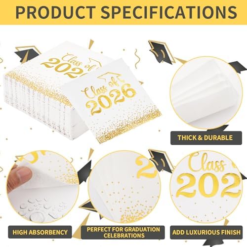 Mljsh 100 Piezas Servilletas de Graduación Clase 2026 - Servilletas de Cóctel Blancas con Puntos Dorados para Fiestas y Decoraciones - imagen 5