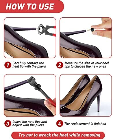 TRIZILLA Kit de Reparación para Tacones Altos, 24 Pares de Puntas de Repuesto, Pinzas para Quitar Tacones de 6 Pulgadas, 6 Tamaños, U-Shape, Negro y - imagen 3