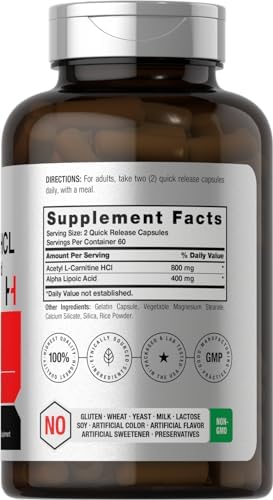 Horbäach Acetil L-Carnitina HCL y Ácido Alfa Lipoico 1200mg | 120 Cápsulas | Suplemento Libre de OGM y Gluten - imagen 2