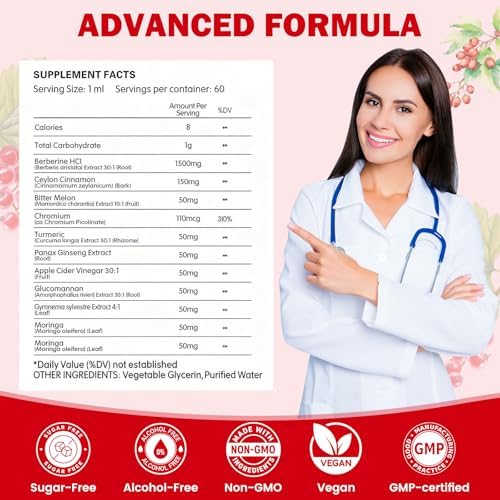 Suplemento Líquido de Berberina HCL Liposomal 1500mg con Canela de Ceilán, Melón Amargo, Cúrcuma, Glucomanano y Moringa para Digestión y Salud - imagen 7