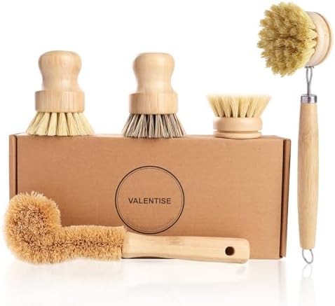 Set de Cepillos de Cocina de Bambú VALENTISE - 5 Piezas, 4 Estropajos y 1 Cabezal de Repuesto, Ideal para Limpiar Ollas, Botellas y Verduras - imagen 1