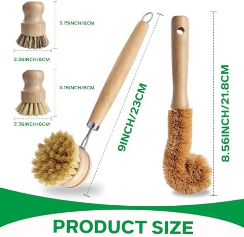 Set de Cepillos de Cocina de Bambú VALENTISE - 5 Piezas, 4 Estropajos y 1 Cabezal de Repuesto, Ideal para Limpiar Ollas, Botellas y Verduras - imagen 2