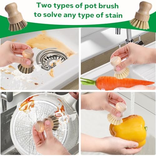 Set de Cepillos de Cocina de Bambú VALENTISE - 5 Piezas, 4 Estropajos y 1 Cabezal de Repuesto, Ideal para Limpiar Ollas, Botellas y Verduras - imagen 5