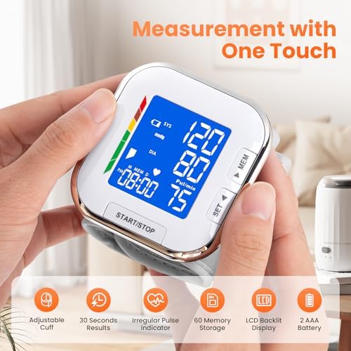 Monitor de Presión Arterial con Manguito Ajustable para Muñeca, Pantalla LCD Retroiluminada, Almacena hasta 60 Lecturas, Incluye Baterías y Funda de - imagen 2