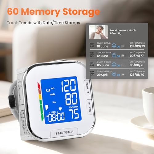 Monitor de Presión Arterial con Manguito Ajustable para Muñeca, Pantalla LCD Retroiluminada, Almacena hasta 60 Lecturas, Incluye Baterías y Funda de - imagen 3