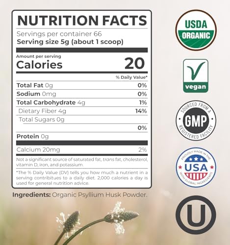 Polvo de Psyllium Orgánico Certificado - Fibra de Psyllium Finamente Molida para Hornear, Batidos y Más - Vegano, Sin Gluten, No OGM y Sin Rellenos - imagen 5
