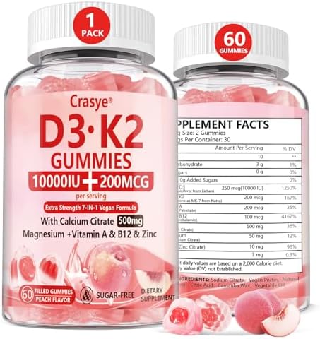 Gomitas Crasye de Vitamina D3 K2 10000 IU con 500mg de Calcio, Magnesio y Zinc Sin Azúcar, Sabor Durazno - 60 Gomitas - 30 Porciones - imagen 1