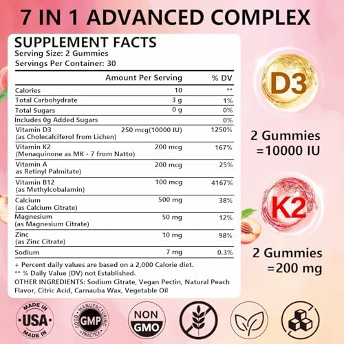 Gomitas Crasye de Vitamina D3 K2 10000 IU con 500mg de Calcio, Magnesio y Zinc Sin Azúcar, Sabor Durazno - 60 Gomitas - 30 Porciones - imagen 2