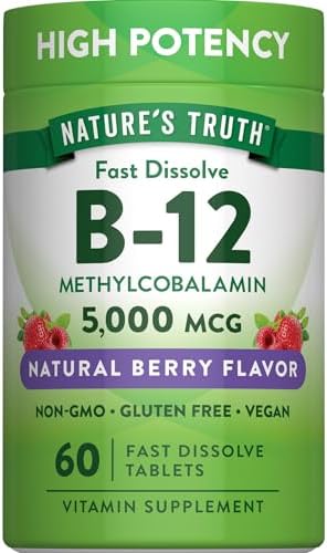 Vitamina B12 5000 mcg de Nature's Truth | 60 Tabletas | Sabor Natural a Bayas, Disolución Rápida | Suplemento Vegano, No GMO y Sin Gluten - imagen 1