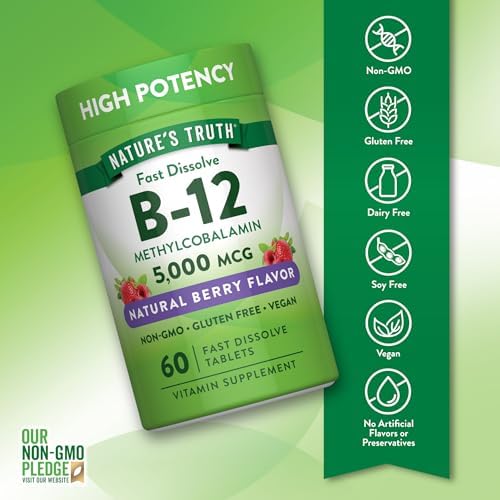 Vitamina B12 5000 mcg de Nature's Truth | 60 Tabletas | Sabor Natural a Bayas, Disolución Rápida | Suplemento Vegano, No GMO y Sin Gluten - imagen 3