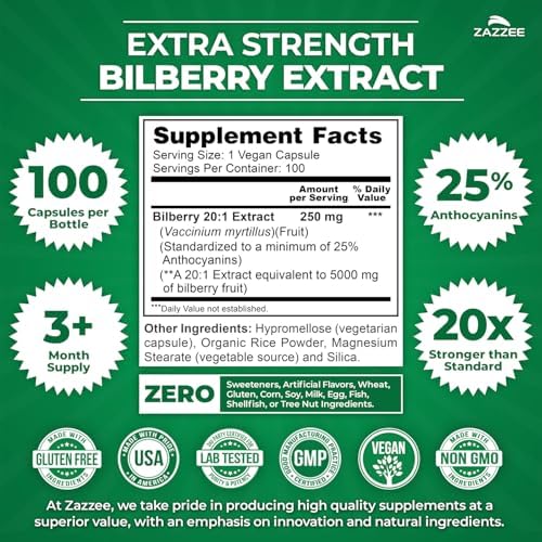 Zazzee Extracto de Arándano 20:1 Extra Fuerte, 25% Antocianinas, 100 Cápsulas Veganas, Suministro de 3+ Meses, Salud Visual y Antioxidante, No GMO, - imagen 2