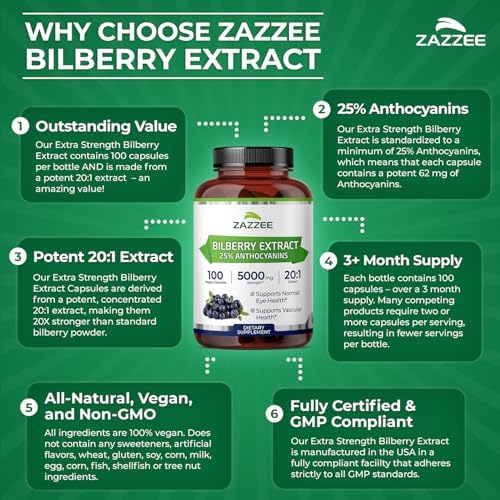 Zazzee Extracto de Arándano 20:1 Extra Fuerte, 25% Antocianinas, 100 Cápsulas Veganas, Suministro de 3+ Meses, Salud Visual y Antioxidante, No GMO, - imagen 5