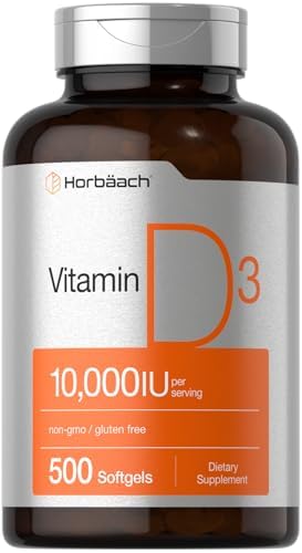 Horbäach Vitamina D3 10000 UI | 500 Cápsulas Blandas | Suplemento Sin OGM y Libre de Gluten | Tamaño Económico | 250mcg | Fórmula de Alta Potencia - imagen 1