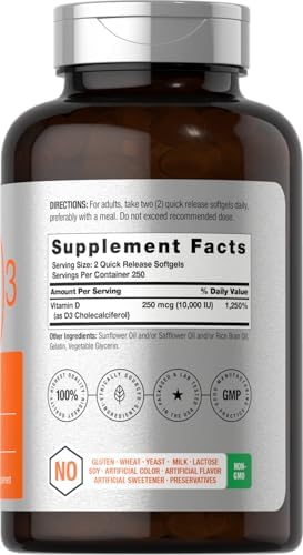 Horbäach Vitamina D3 10000 UI | 500 Cápsulas Blandas | Suplemento Sin OGM y Libre de Gluten | Tamaño Económico | 250mcg | Fórmula de Alta Potencia - imagen 2