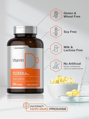 Horbäach Vitamina D3 10000 UI | 500 Cápsulas Blandas | Suplemento Sin OGM y Libre de Gluten | Tamaño Económico | 250mcg | Fórmula de Alta Potencia - imagen 5