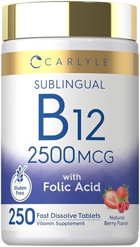 Carlyle Vitamina B12 Sublingual 2500 mcg | 250 Tabletas de Disolución Rápida | Suplemento de Cianocobalamina con Ácido Fólico | Sabor Natural a Baya - imagen 1