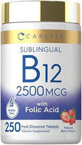 Carlyle Vitamina B12 Sublingual 2500 mcg | 250 Tabletas de Disolución Rápida | Suplemento de Cianocobalamina con Ácido Fólico | Sabor Natural a Baya - imagen 1