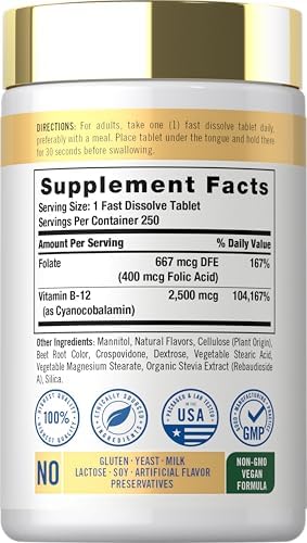 Carlyle Vitamina B12 Sublingual 2500 mcg | 250 Tabletas de Disolución Rápida | Suplemento de Cianocobalamina con Ácido Fólico | Sabor Natural a Baya - imagen 2