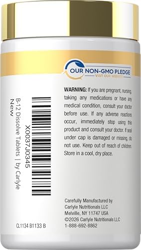 Carlyle Vitamina B12 Sublingual 2500 mcg | 250 Tabletas de Disolución Rápida | Suplemento de Cianocobalamina con Ácido Fólico | Sabor Natural a Baya - imagen 3