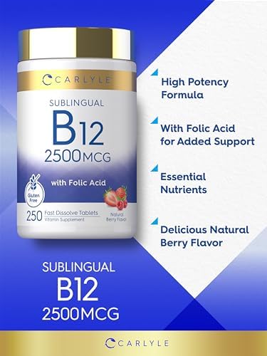 Carlyle Vitamina B12 Sublingual 2500 mcg | 250 Tabletas de Disolución Rápida | Suplemento de Cianocobalamina con Ácido Fólico | Sabor Natural a Baya - imagen 4