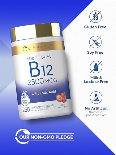 Carlyle Vitamina B12 Sublingual 2500 mcg | 250 Tabletas de Disolución Rápida | Suplemento de Cianocobalamina con Ácido Fólico | Sabor Natural a Baya - imagen 5