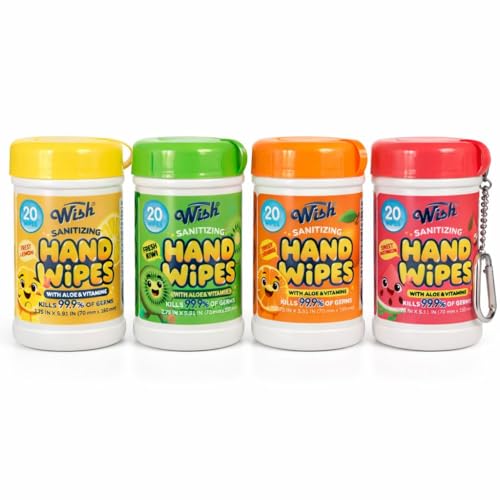 Paquete de 4 Toallitas Húmedas Wish en Llavero, 20 Toallitas Cada Una, Tamaño Viaje – Aromas de Limón, Sandía, Naranja y Kiwi - imagen 1