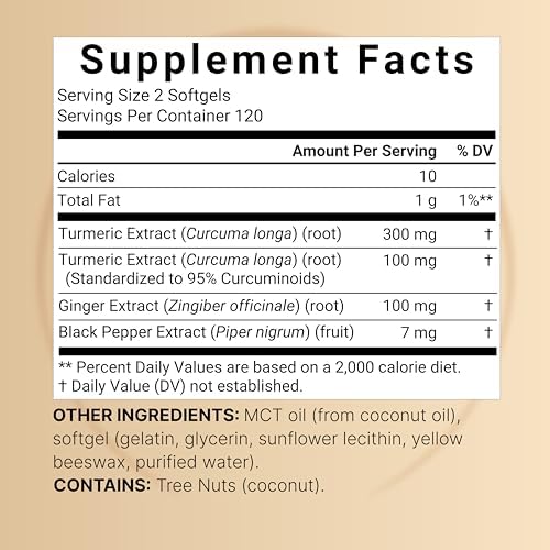 Suplemento de Cúrcuma y Curcumina con Pimienta Negra y Jengibre | 95% Curcuminoides | 240 Softgels con Aceite MCT para Mejor Absorción (Suministro - imagen 2