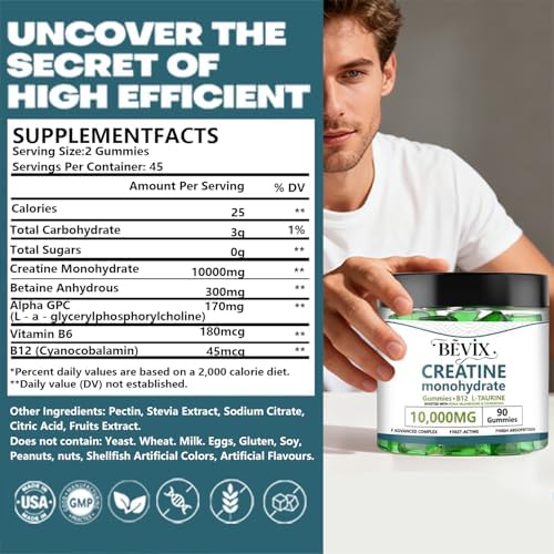 Gomitas de Creatina BEVIX, Potente Creatina Monohidratada para Energía, Fuerza y Aumento Muscular, con L-Taurina y B12, Sin Gluten, Sin Azúcar, 90 - imagen 2