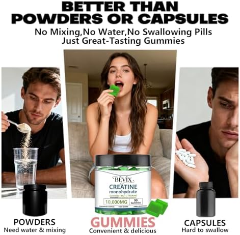 Gomitas de Creatina BEVIX, Potente Creatina Monohidratada para Energía, Fuerza y Aumento Muscular, con L-Taurina y B12, Sin Gluten, Sin Azúcar, 90 - imagen 6