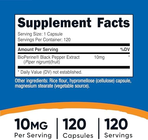 Nutricost Bioperine (Extracto de Pimienta Negra), 10mg por Porción, 120 Cápsulas - Sin Gluten - imagen 2
