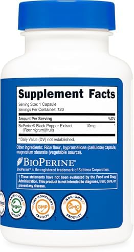 Nutricost Bioperine (Extracto de Pimienta Negra), 10mg por Porción, 120 Cápsulas - Sin Gluten - imagen 5