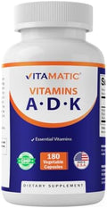 Suplemento vitamínico Vitamatic ADK, 180 cápsulas vegetales, alta potencia de vitaminas A, D3 y K2 para la salud ósea y absorción de calcio, sin OGM, - imagen 1