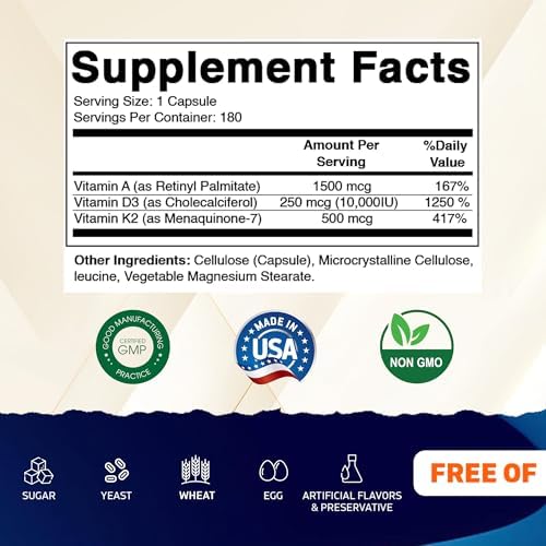 Suplemento vitamínico Vitamatic ADK, 180 cápsulas vegetales, alta potencia de vitaminas A, D3 y K2 para la salud ósea y absorción de calcio, sin OGM, - imagen 2