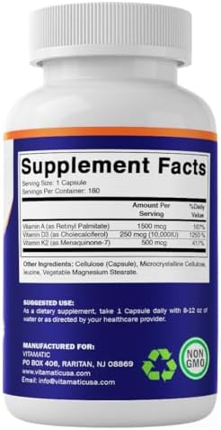 Suplemento vitamínico Vitamatic ADK, 180 cápsulas vegetales, alta potencia de vitaminas A, D3 y K2 para la salud ósea y absorción de calcio, sin OGM, - imagen 8