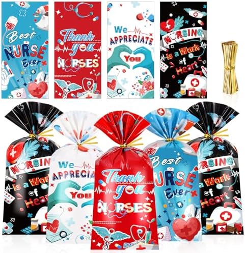 Bolsas de Celofán HOWAF para Día de la Enfermera, 100 piezas, Regalos de Apreciación para Enfermeras con Cintas, Suministros para Fiesta Médica - imagen 1