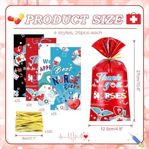 Bolsas de Celofán HOWAF para Día de la Enfermera, 100 piezas, Regalos de Apreciación para Enfermeras con Cintas, Suministros para Fiesta Médica - imagen 2