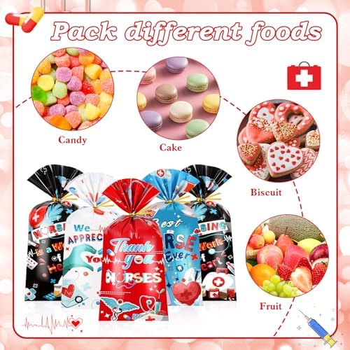 Bolsas de Celofán HOWAF para Día de la Enfermera, 100 piezas, Regalos de Apreciación para Enfermeras con Cintas, Suministros para Fiesta Médica - imagen 3