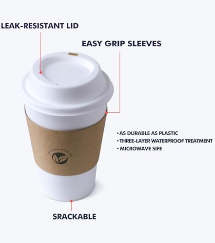 KTOB [Paquete de 50] Vasos de Papel Compostables de 16 oz con Tapas y Mangas de Kraft, Combo Ecológico para Bebidas Calientes - imagen 2