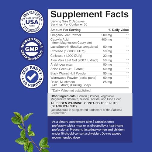 Natures Craft Detoxificación de Cuerpo para Mujeres - Limpieza Intestinal con Ácido Caprílico, Nogal Negro, Ajenjo y Orégano - 60 Cápsulas con Pre y - imagen 8