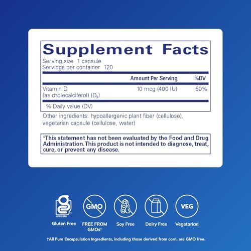 Vitamin D3 10 mcg (400 IU) de Pure Encapsulations | Soporte Hipoalergénico para Huesos, Mama, Corazón, Colon e Inmunidad | 120 Cápsulas - imagen 2
