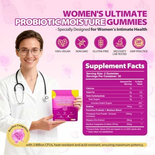 Gomitas Kaseano de Probióticos Femeninos con Olmo Resbaladizo – Apoya el pH, Flora Vaginal y Salud del Olor – Sabor Piña, 60 Unidades. - imagen 2