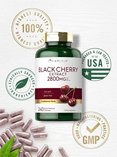 Extracto Concentrado de Cereza Negra Carlyle | 240 Cápsulas | Fórmula Sin OGM y Libre de Gluten | Suplemento de Prunus Serotina - imagen 5