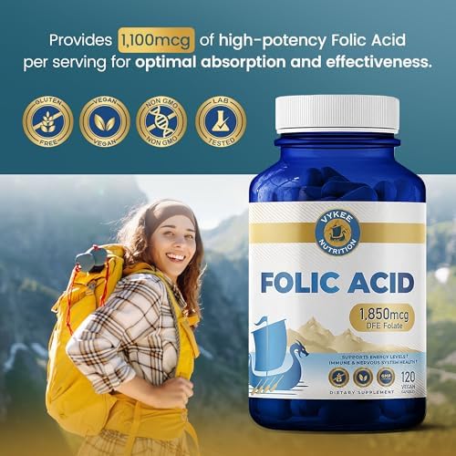 Cápsulas de Ácido Fólico Vykee Nutrition - Apoya Procesos Corporales, Salud Prenatal y Energía - Suplemento de Vitamina B9 para Mujeres - Vegano, No - imagen 4