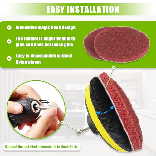 Juego de Cepillos de Limpieza EPLZON de 4 Pulgadas con 4 Almohadillas Rojas, 4 Verdes, Accesorio para Taladro y Eje Universal para Cocina y Baño - imagen 5