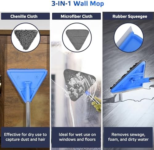 Mopa de Pared DSV Estándar, Mango de 77 Pulgadas, Limpiador de Pared 3 en 1 con Squeegee, 3 Paños de Microfibra y 3 de Chenille, Herramienta de - imagen 3